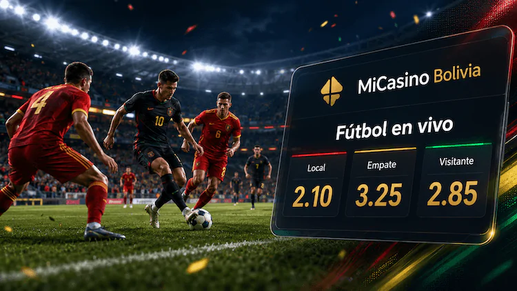Apuestas de fútbol en vivo en MiCasino Bolivia con cuotas para local, empate y visitante.