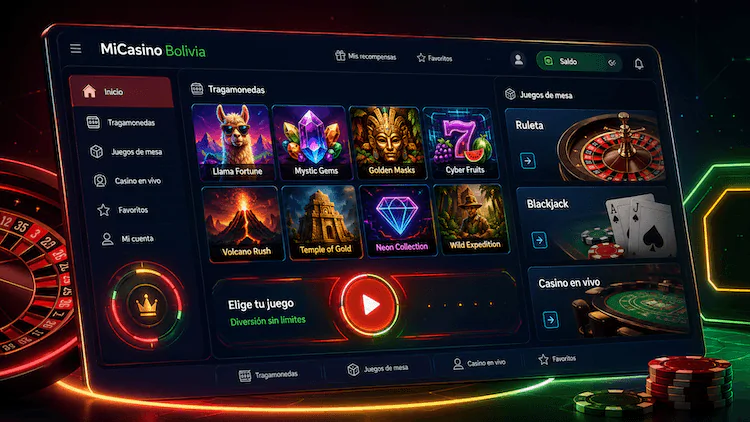 Interfaz de MiCasino Bolivia con tragamonedas, ruleta, blackjack y opciones de casino en vivo.