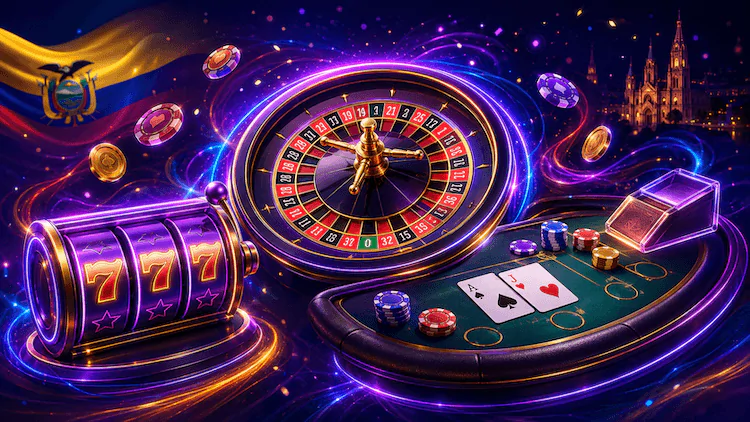 Juegos de casino de MiCasino Ecuador con tragamonedas, ruleta, cartas y fichas.