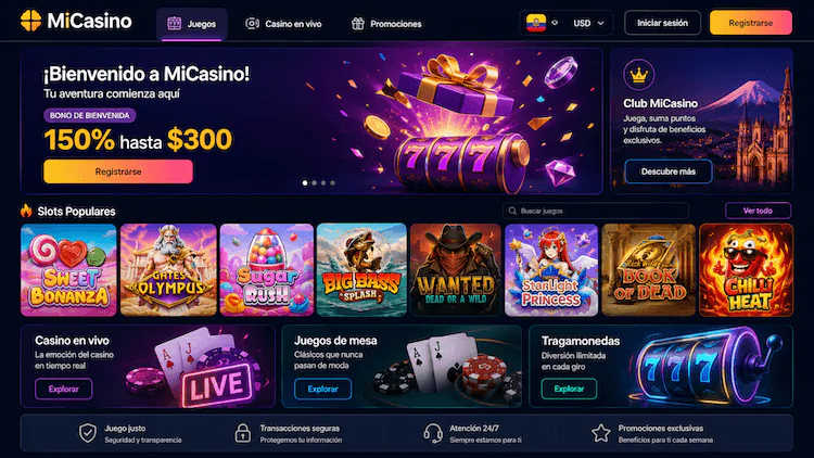 Interfaz de MiCasino Ecuador con tragamonedas, juegos de mesa, casino en vivo y promociones.