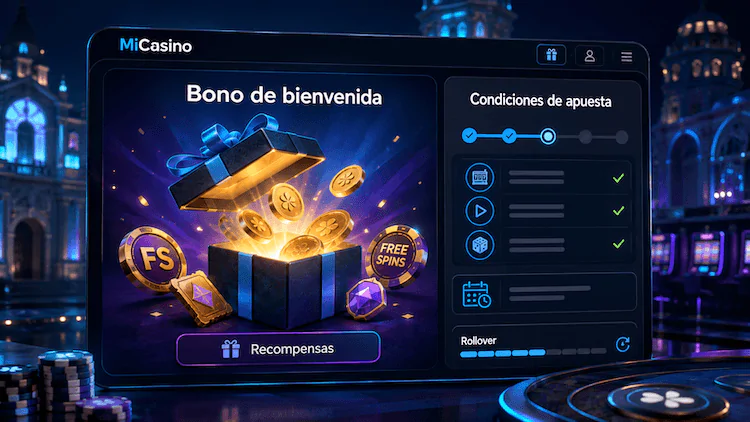 Bono de bienvenida de MiCasino Guatemala con recompensas, giros gratis y condiciones de apuesta.