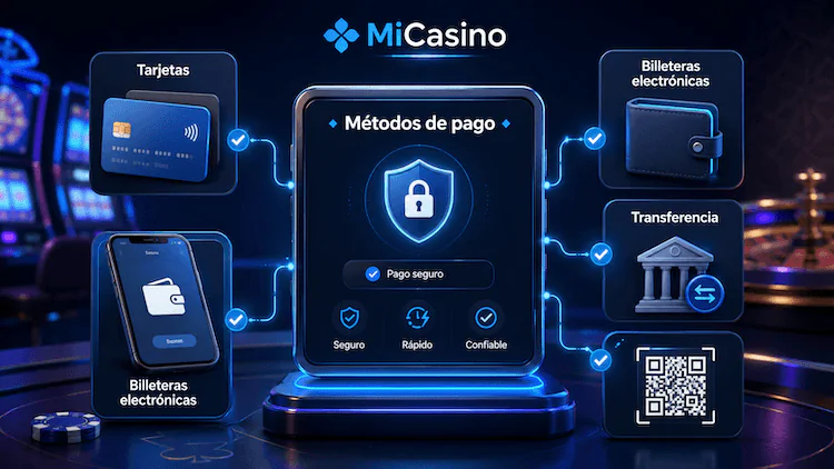 Métodos de pago de MiCasino Guatemala con tarjetas, billeteras electrónicas y transferencias seguras.