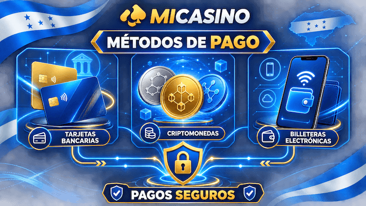 Métodos de pago de MiCasino Honduras con tarjetas bancarias, criptomonedas y billeteras electrónicas.
