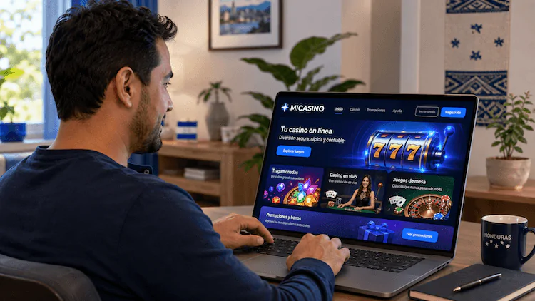Usuario navegando en la plataforma de MiCasino Honduras desde un ordenador portátil.