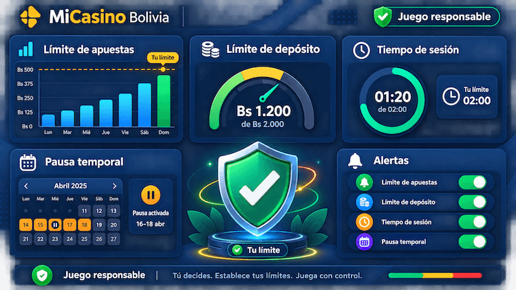 Herramientas de juego responsable de MiCasino Bolivia con límites de apuestas, depósitos, tiempo de sesión y pausas.