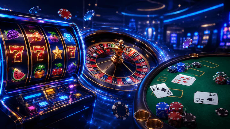 Juegos de MiCasino Nicaragua con tragamonedas, ruleta, cartas y fichas de casino en un entorno online.
