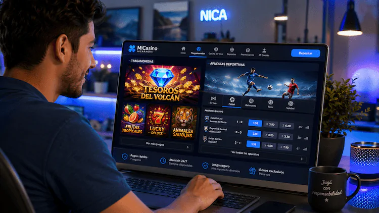 Plataforma de MiCasino Nicaragua con tragamonedas, casino online y apuestas deportivas disponibles desde computadora.